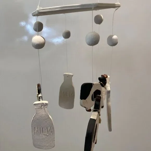 1980 Clay Whimsical Wind Chime of Cows and Milk Jugs NWT
